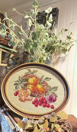 Vintage Framed Fruit Needlepoint