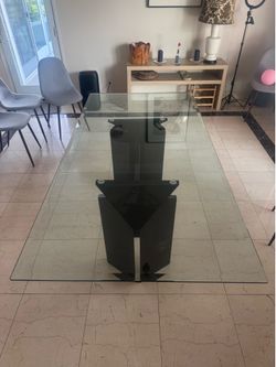 Large Vintage Glass Dining / Conference Table — Black Sculptural Base