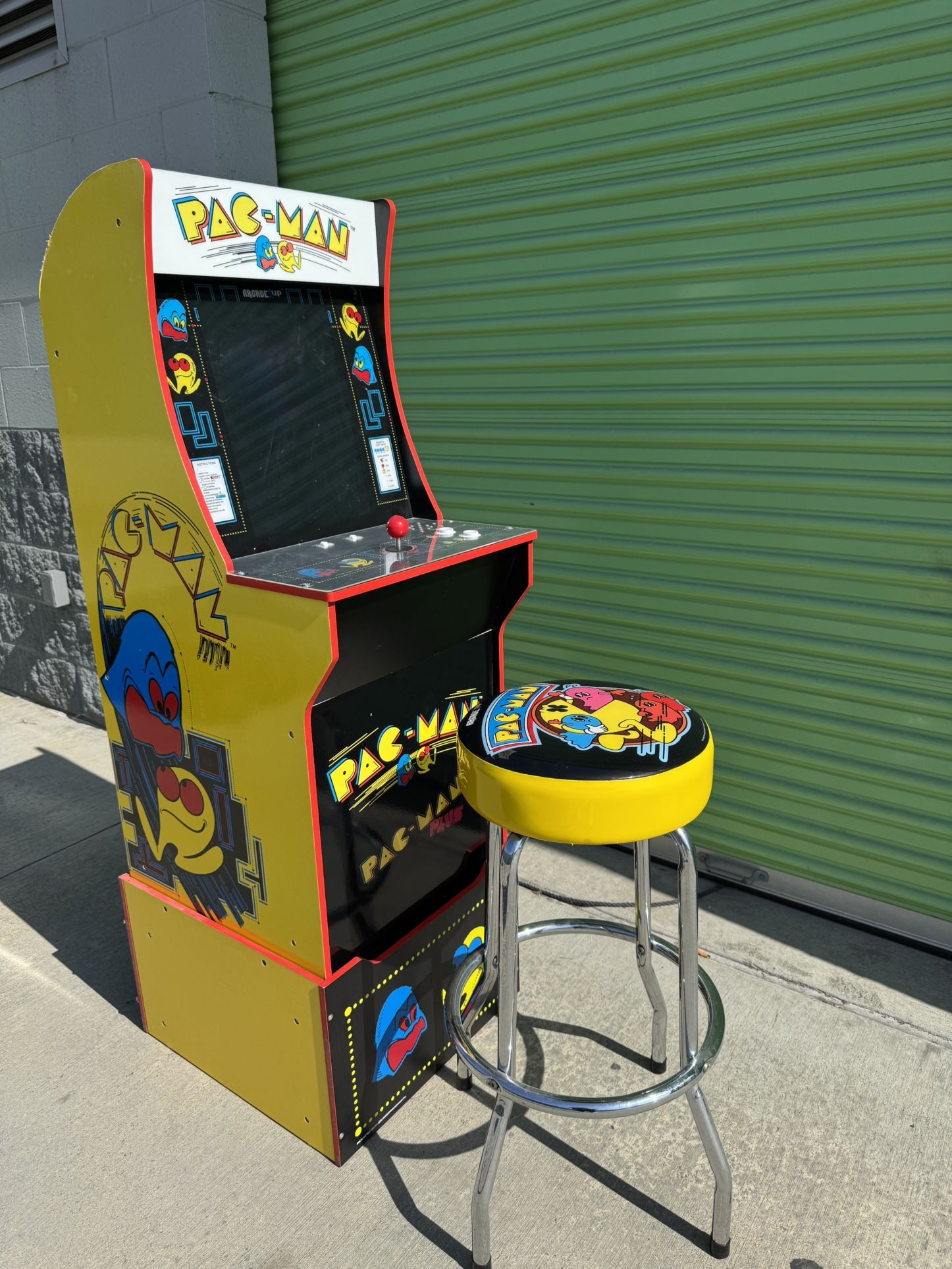 ARCADE1UP MINI PAC-MAN ARCADE CABINET WITH RISER, STOOL, AND LIGHT UP MARQUEE