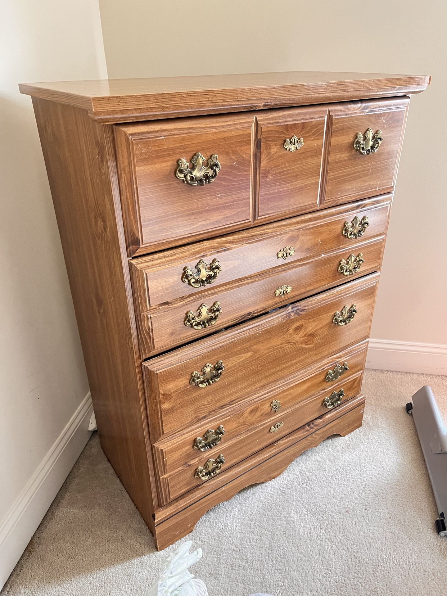 5-Drawer Wooden Dresser with Brass Handles – Fair Condition