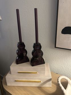 Pair Of Glass Candle Holders And Box Of Candles 