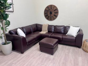 Fast Delivery Available — Jordan’s Furniture Real Genuine Leather Brown Modern 2pc L Sectional Couch w/ Ottoman Set