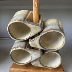 Vintage Rodolfo Padilla Stoneware Mugs and Wood Rack