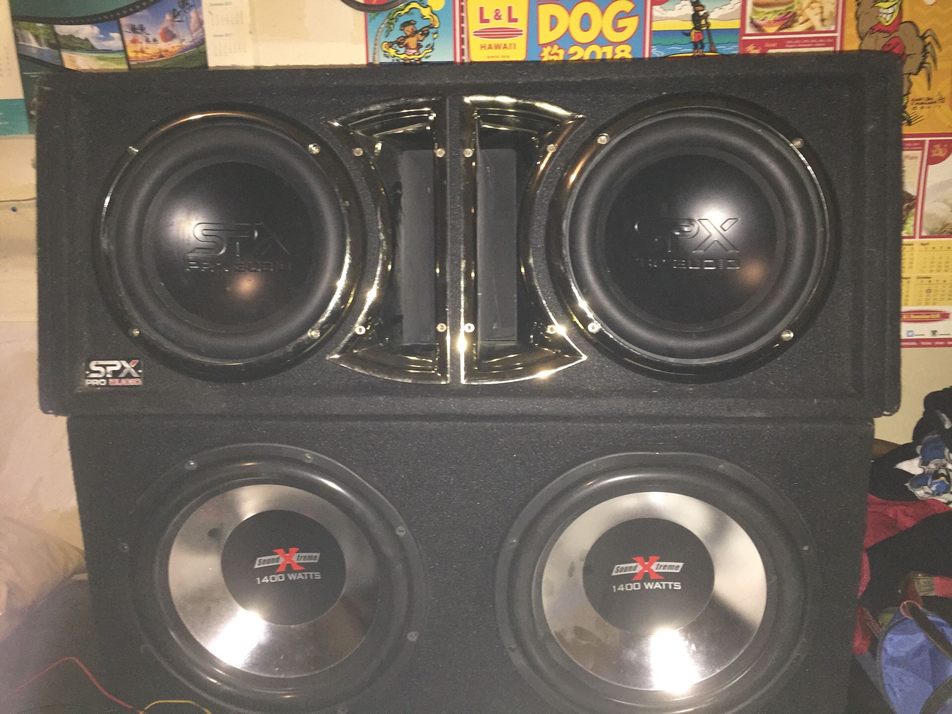 SPX soundxtreme subwoofers California amp and off brand Bluetooth deck 2 10” subs and 2 12” subs 1 Bluetooth deck 1, 600 watt bridgable amp