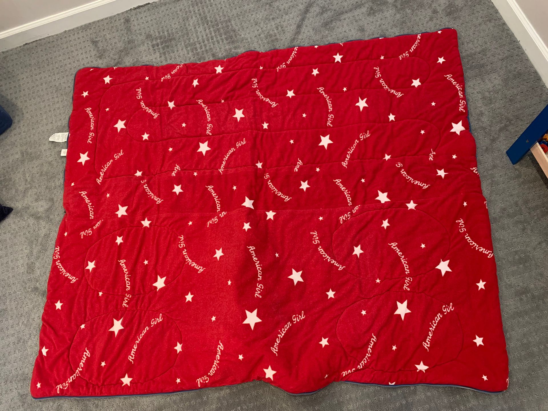 American Girl Sleeping Bag Red With White Stars Folds Into Denim Tote Bag