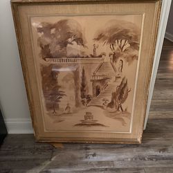 Vintage 1950s Art Lore Framed Sepia Architectural Print – “Le Grande Escalier” – By Simpson – Large Statement Piece