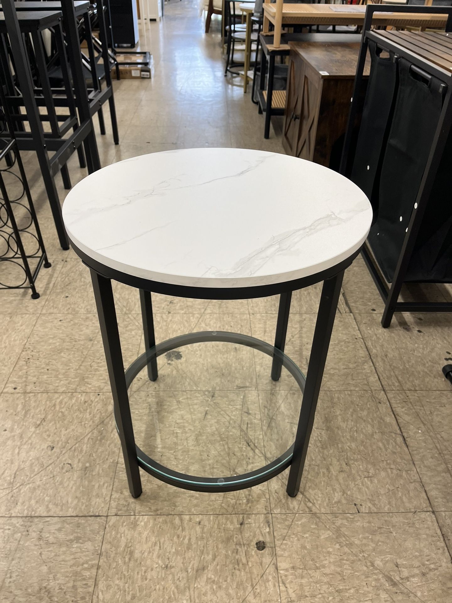 VASAGLE Small Round Side Table w/ Faux Marble Top Glass Shelf Modern Style - Black