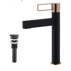 7214: New Bathroom Bowl Vessel Sink Lavatory Faucet Single Handle One Hole Deck Mount with Pop Up Drain, Matte Black & Gold Tall Spout Basin Mixer Tap