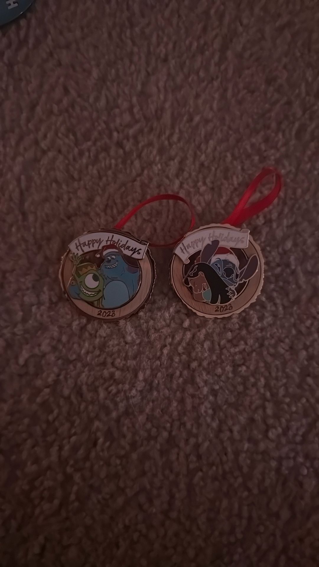 Happy Holidays 2023 Disney Pin Ornaments LE 4000 Sully And Mike Wasoki And LILO And Stitch