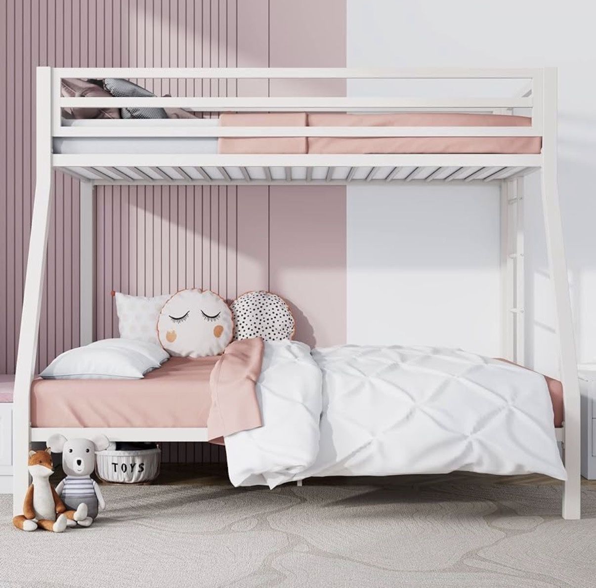 Twin over Full Size Metal Bunk Bed with Removable Ladder, Full-Length Guardrail, white matte