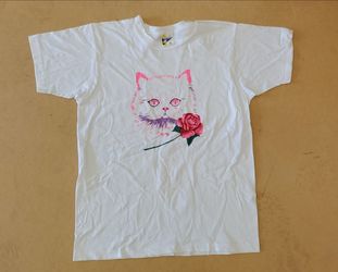 Vintage Persian Cat Rose T Shirt White Graphic Kitten Animal Single Stitch Size XL
