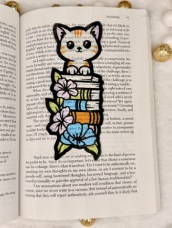 Bookmark: Transparent Curious Reader Cat with Flowers