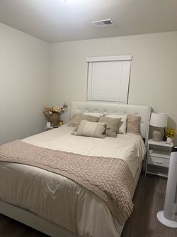 Queen Bed, mattress, foundation, and nightstands