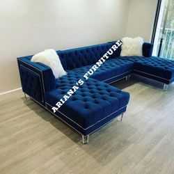 Black Friday Sale Blue Velvet Sectional U-Shaped 