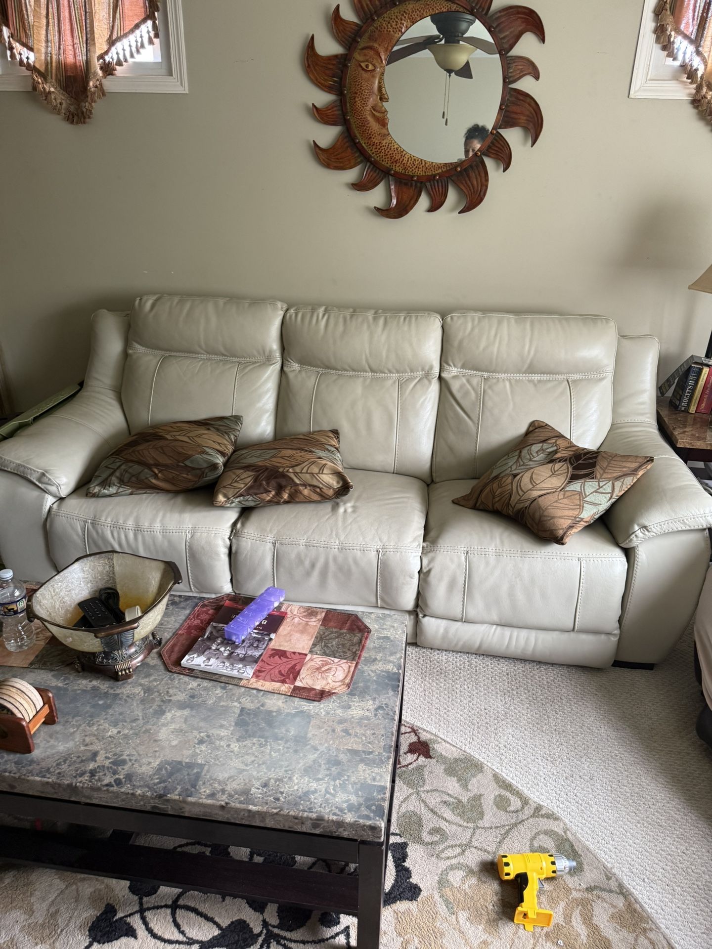 Cream Colored Leather Sofa With USB Charging Ports