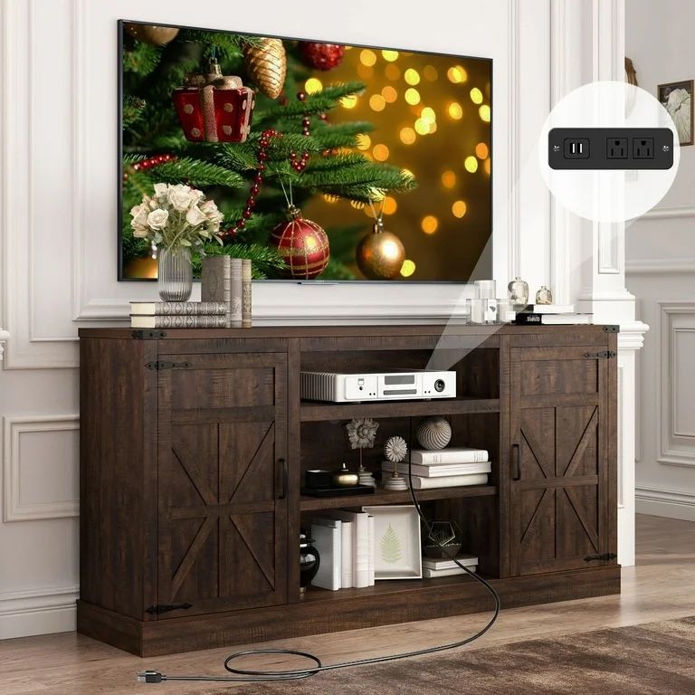 ChVans Farmhouse TV Stand for 65" 70" up 75" TVs with Power Outlet, 33" Tall TV Stand Entertainment Center with Storage, Brown TV Consoles for Living