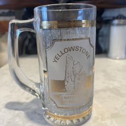 Vintage Souvenir Culver Glass Mug Gold Tone Yellowstone National Park Frosted