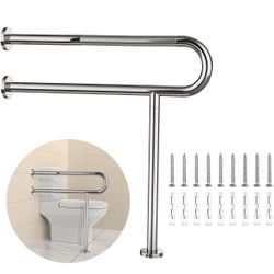 Toilet Grab Bar 31.3 Inch with Leg, YuanDe Chrome Anti-Slip Toilet Handrail, Wall & Floor Mounted Stainless Steel Grab Bar, Knurled Handicap =A7-93