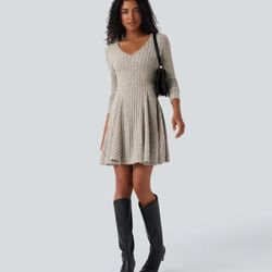 Halara Ribbed Knit V Neck Long Sleeve Dress