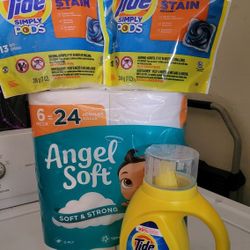 2 Tide SIMPLY Oxi Pods (13 Count), Tide SIMPLY Oxi Detergent 22 Loads/31 fl oz, & Angel Soft 6 Mega Rolls For $14/$14 Por Los 4