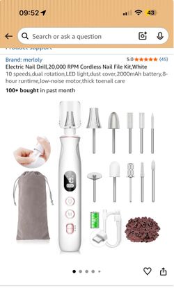 New Electric Nail Drill,20,000 RPM Cordless Nail File Kit,White 10 speeds,dual rotation,LED light,dust cover,2000mAh battery,8-hour runtime,low-noise 