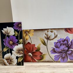 2 Large Metallic Oil Painting’s  Floral Hand Painted Artwork Gold Purple Silver Red 