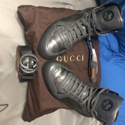 Gucci Mens Platinum Gray Sneaker Size 13 With Matching Belt 