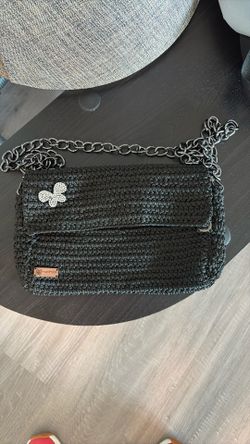 Handmade Black Crochet Shoulder Bag w/ Chain Strap