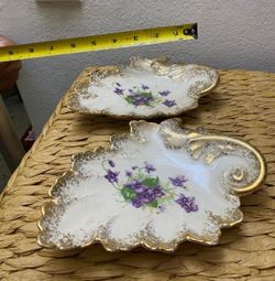 JUEGO DE CENICERO ANTIGUO DE PORCELANA FILETEADA