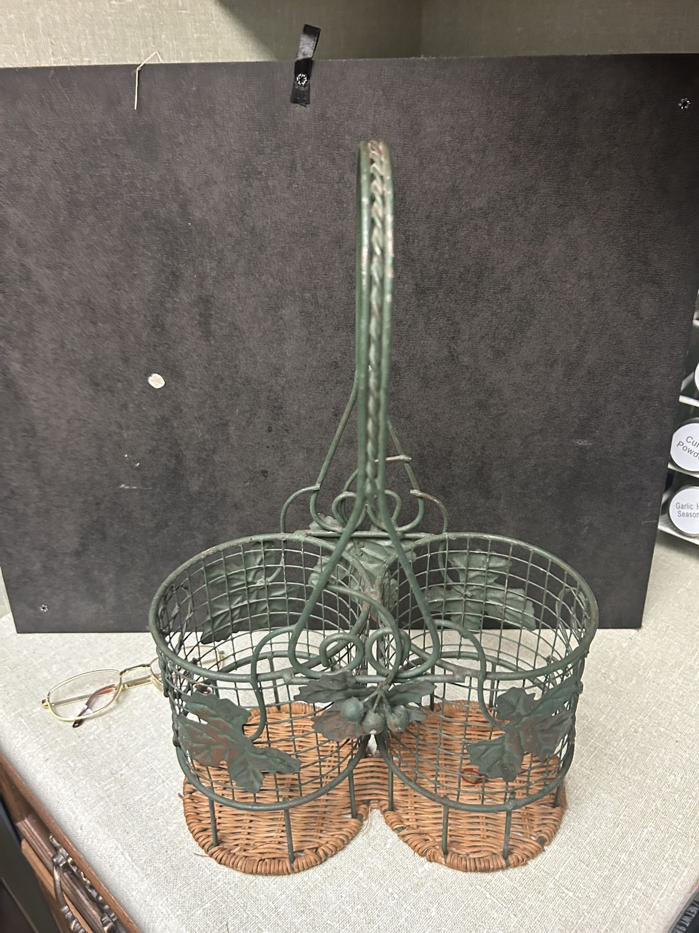Vintage Two Bottle Wire Basket with Handle