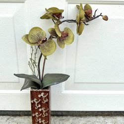 Ceramic Vase With Faux Moth Orchid Ornate Decor Accent