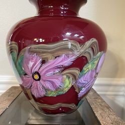 John Fields  Art Glass Red Vase Floral Vase Purple Flowers 10 1/4” . Signed