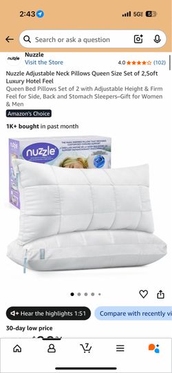 Nuzzle Adjustable Cooling Bed Pillows Queen Size Set of 2