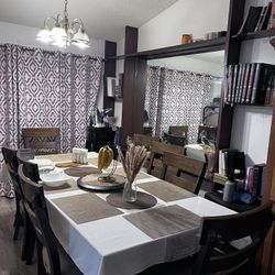 Wooden Dining Table Set, One Big Table With Extension Included, 8 Chairs 