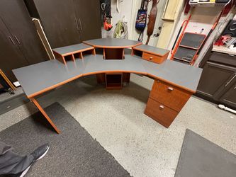 Large Corner Studio Desk with Raised Shelf with matching cabinet and bookshelf