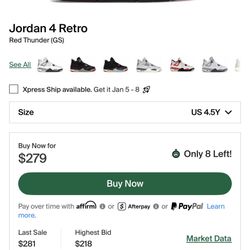 Jordan 4 Red thunder Youth 4.5 