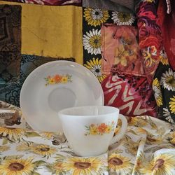 Fire-King milk glass teacup and saucer set floral
