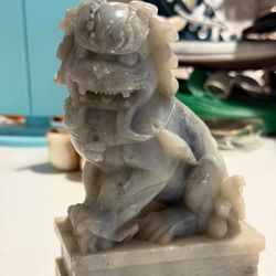 Vintage Hand-Carved Chinese White Marble Foo Dog Statue
