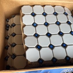 Octagon Porcelain Mosaic Wall Floor Tile Matte White With Glossy Cobalt Blue Dots Designed In Italy (12x12)