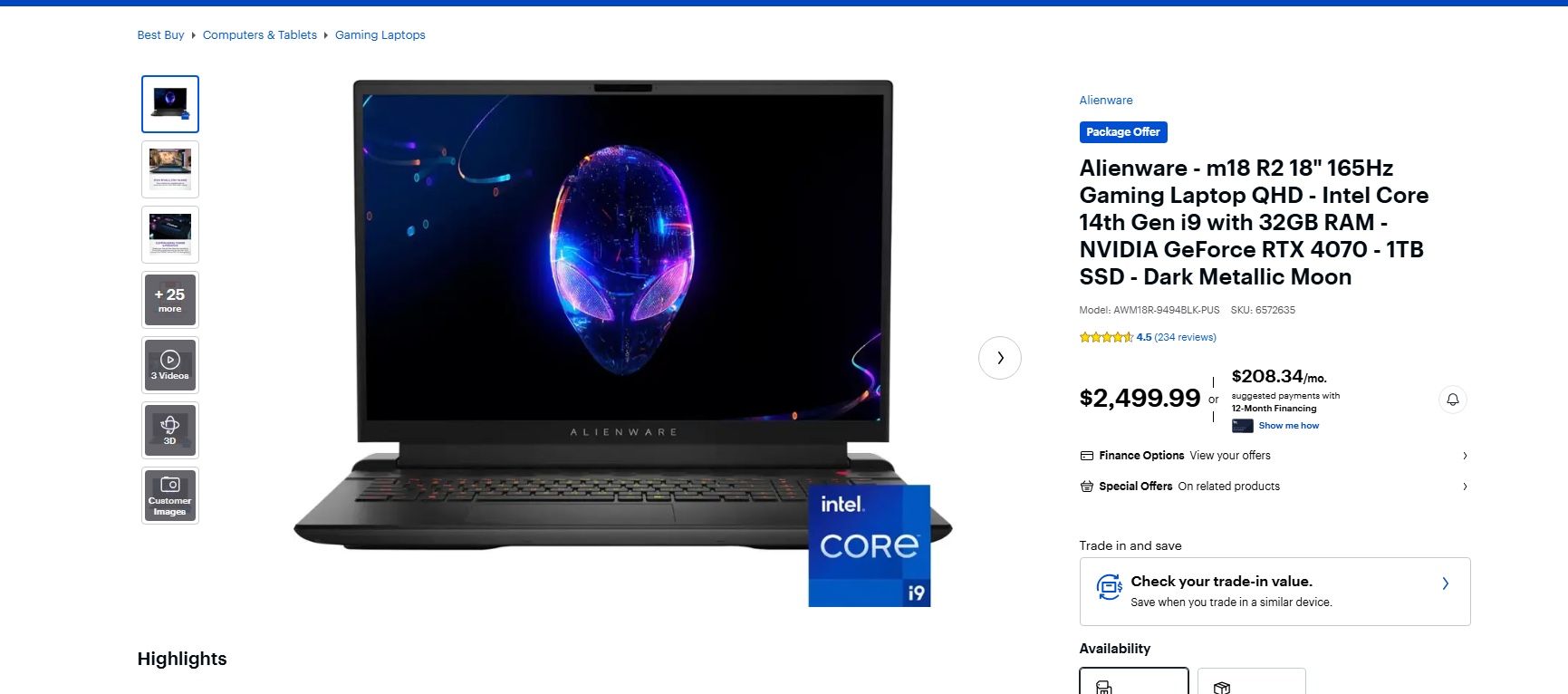 Alienware M18 Laptop-RTX 4070 -1tb Ssd 32gb Ram Dark Silver