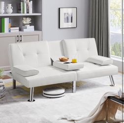 White Faux Leather Convertible Futon Sofa Bed with Cup Holders / read description !