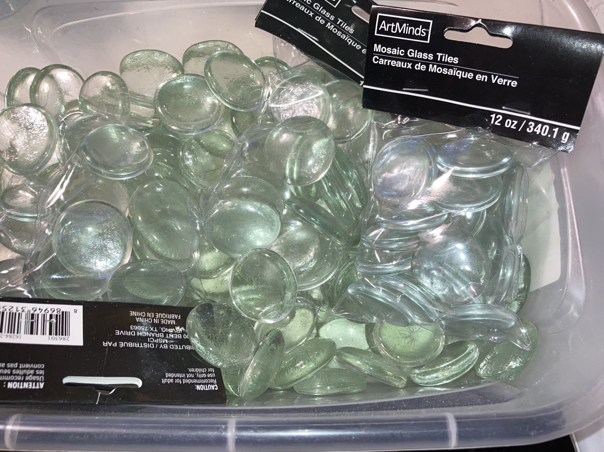 Glass mosaic pieces, 7.5 lbs. Loosely 1.25-1.5 inch across. 10 bags.