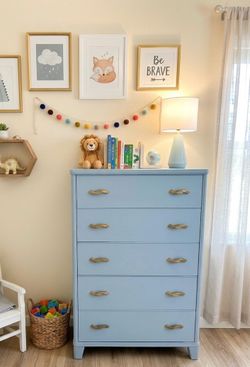 Vintage mcm refinished, tall boy in soft blue