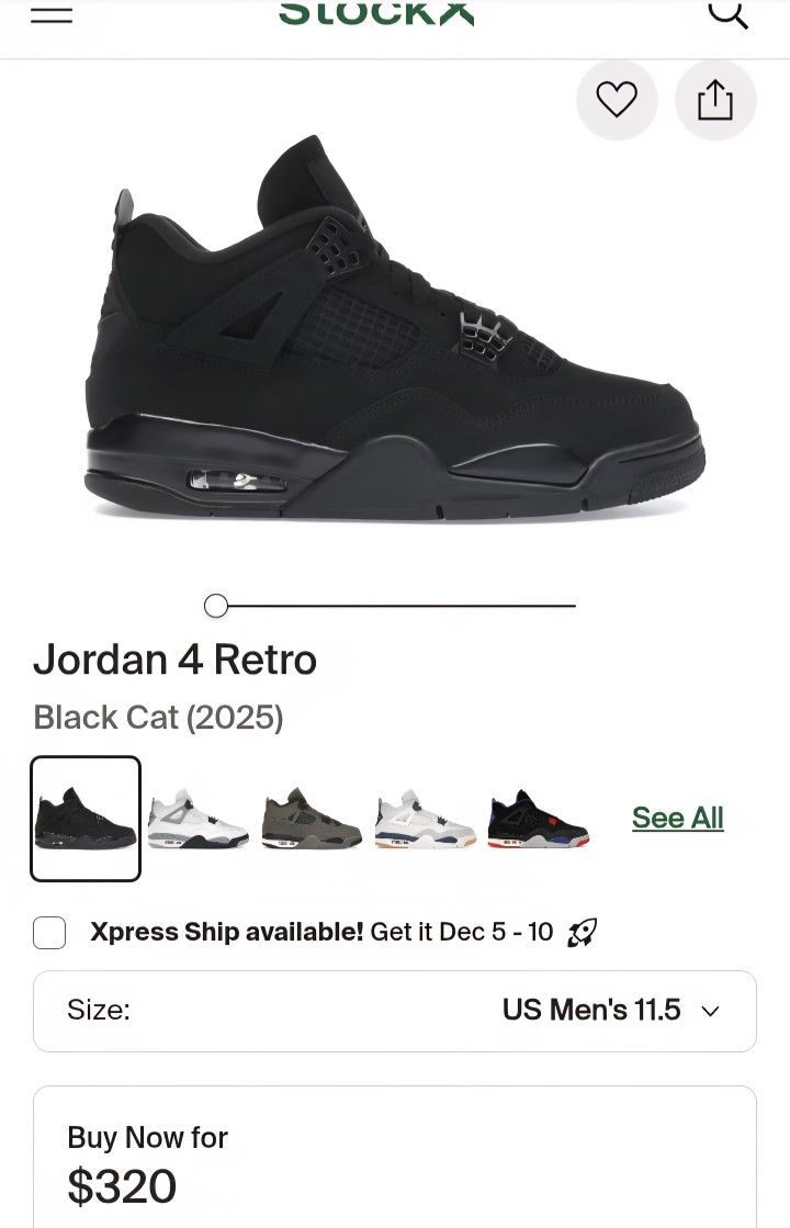 Jordan 4 Black Cat Size 11.5