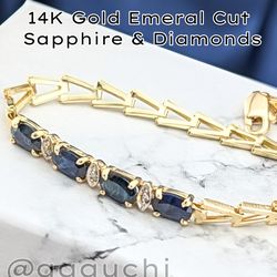 ✨💙💎14K Gold Emerald Cut Sapphire With Diamonds Bracelet 4.39g.| 7"|4mm💎💙✨