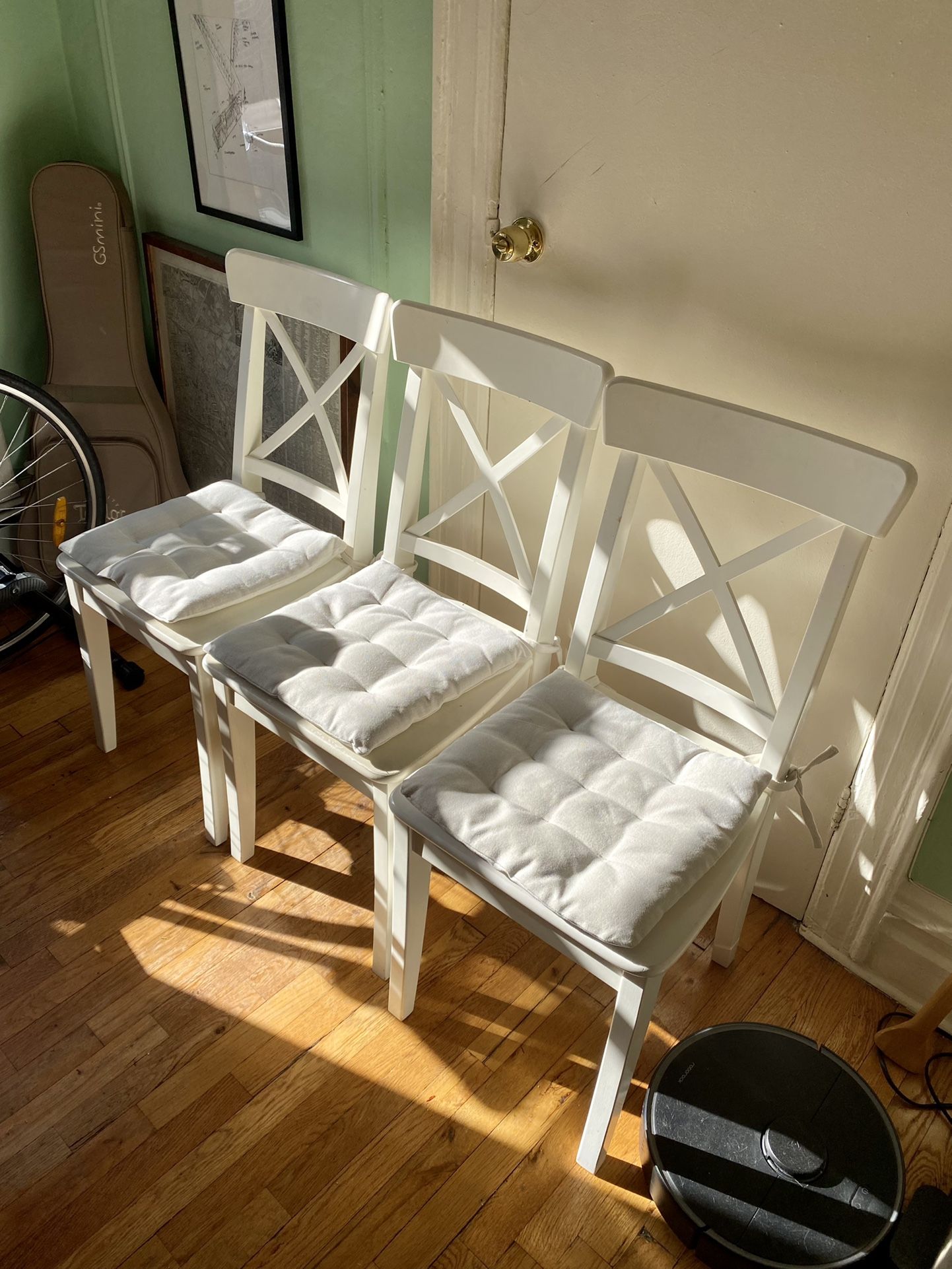 Set of 3 IKEA Ingolf Dining Chair, White, with Cushions