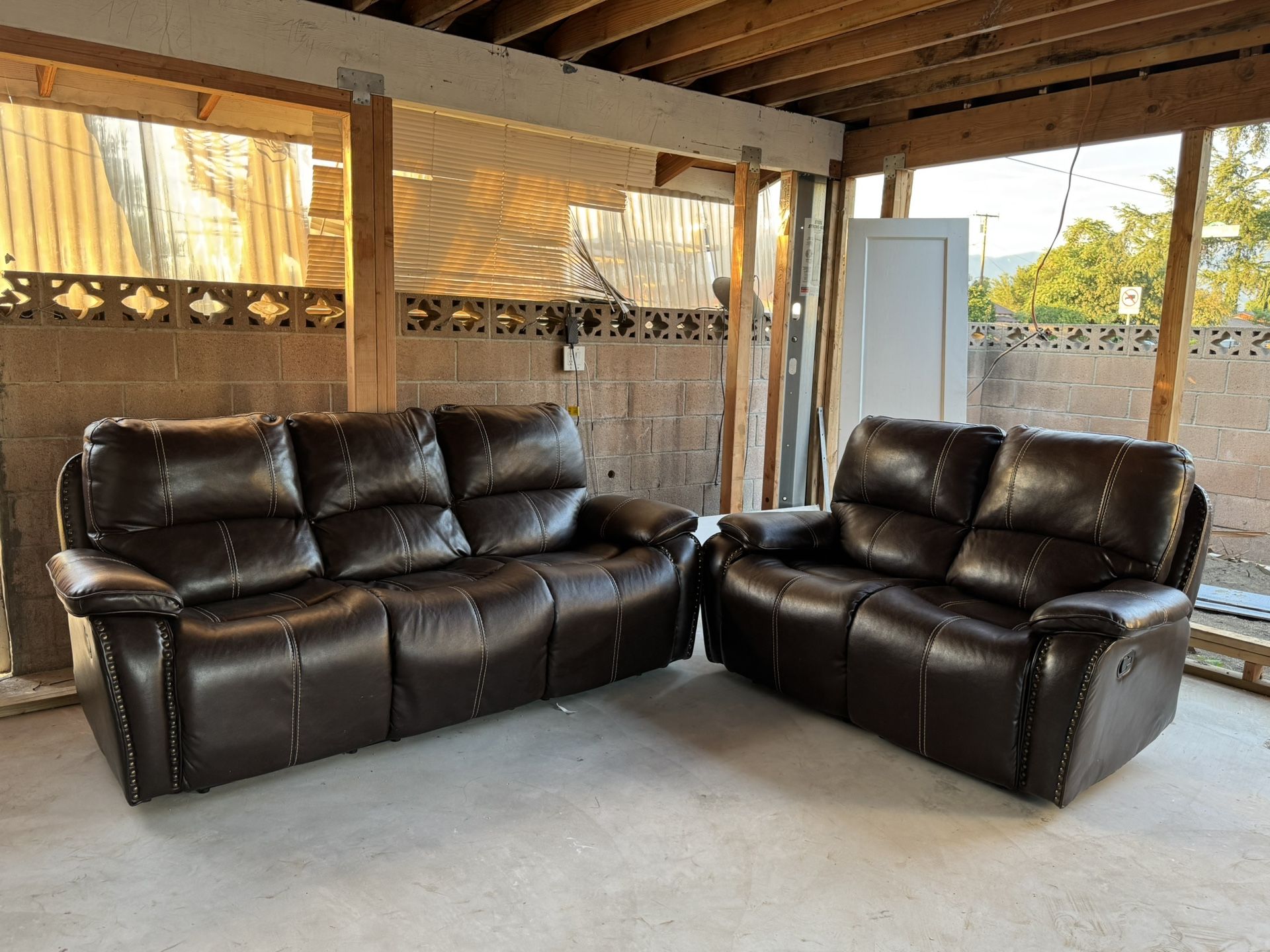 Brown Leather Reclining Sofa Set β Good Condition, Super Comfortable!