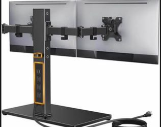 Perlegear Dual Monitor Stand With Power Strip, Freestanding Computer Monitor Stand For 2 Screens Up