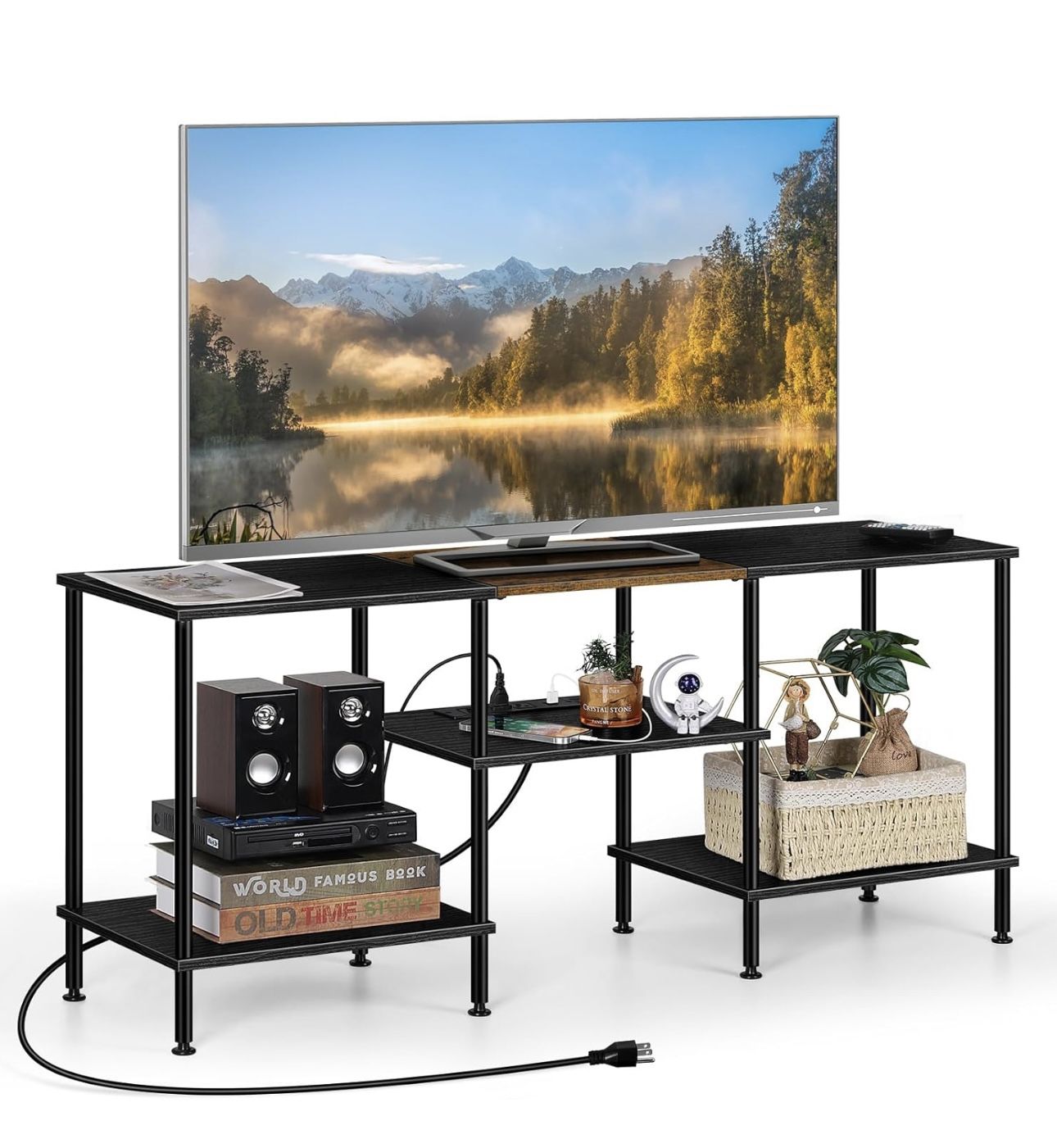 OYEAL Black Bedroom TV Stand with Power Outlets up to 50 inch TV, Small Entertainment Center Stand with Storage Modern Media TV Console Table for Livi
