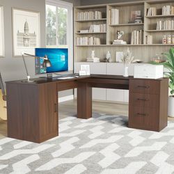 New L Shaped Desk Corner Office Desk Computer Desk with Storage Cabinet & Drawers